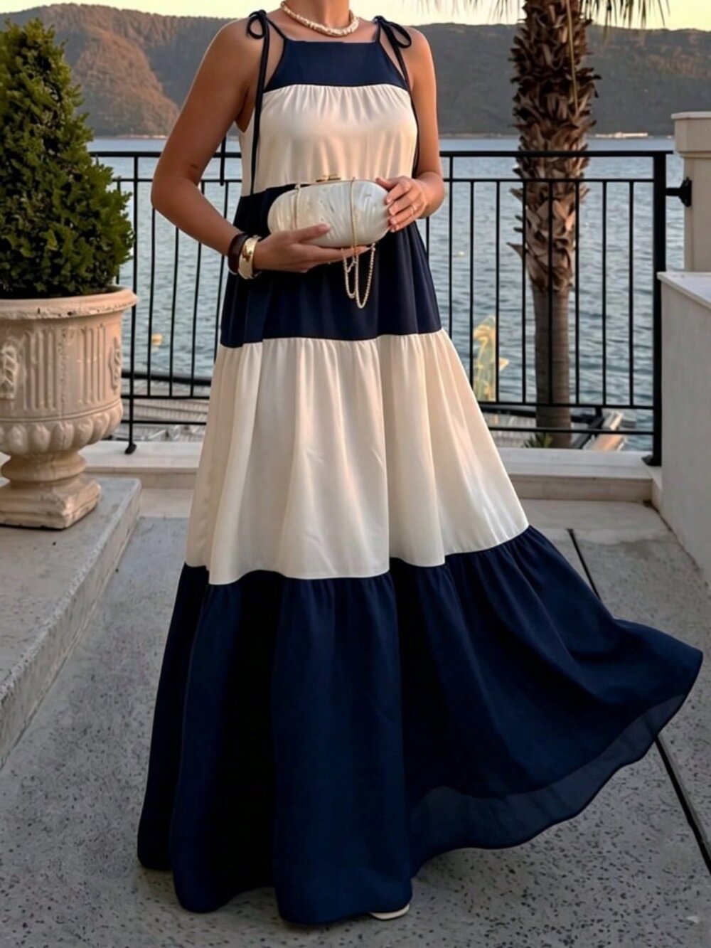 Navy Blue Casual Women's Color Block Patchwork Elegant Dress